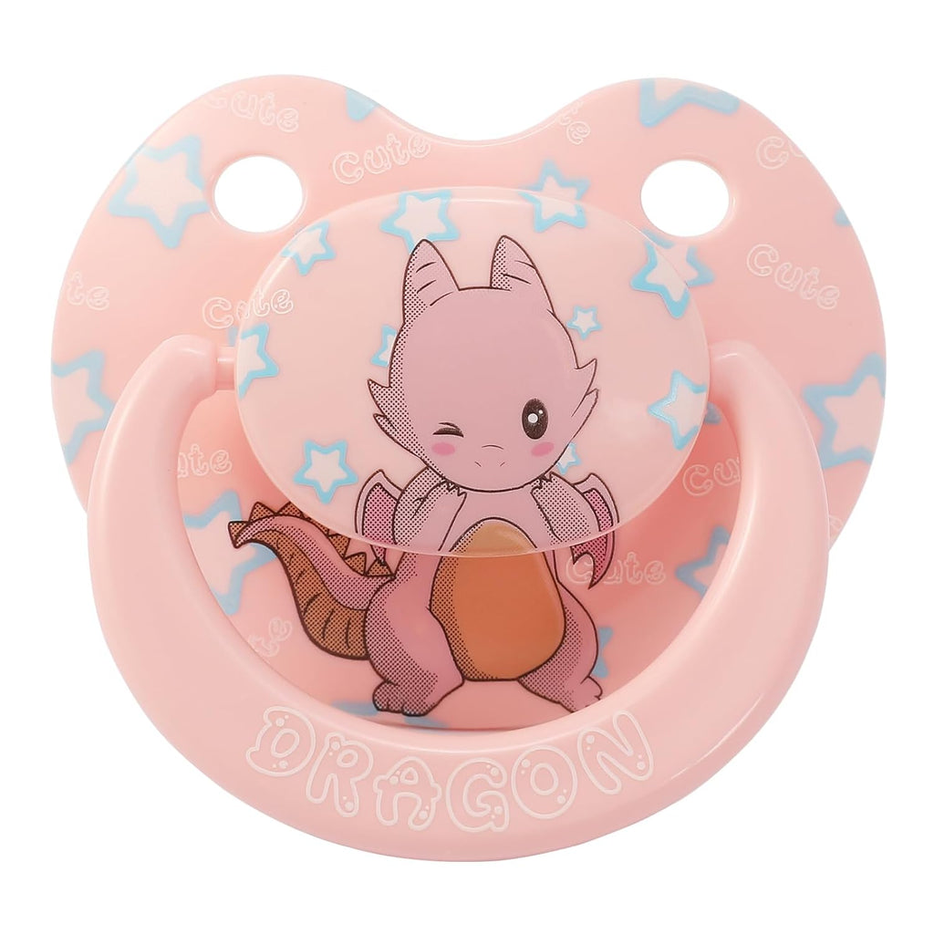 Cute Silicone Adult Pacifiers Pink: Big Shield Binky for Anxiety - Large Size Butterfly Shaped Paci with Handle Dragon Printed