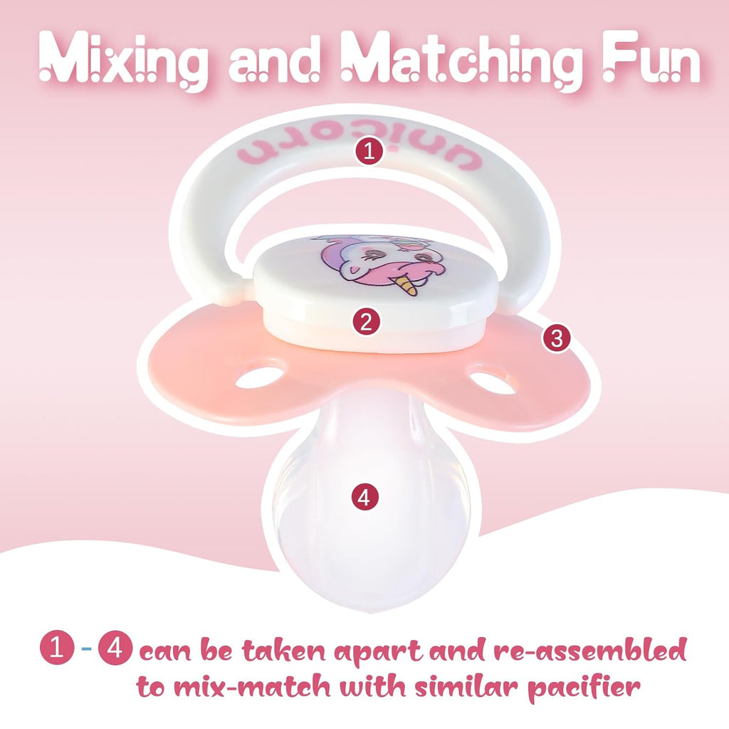 Cute Adult Sized Pacifier for Anxiety: Big Shield Unicorn Paci for Autism - Soft Silicone Large Nipple Binky for Sleeping Pink and White