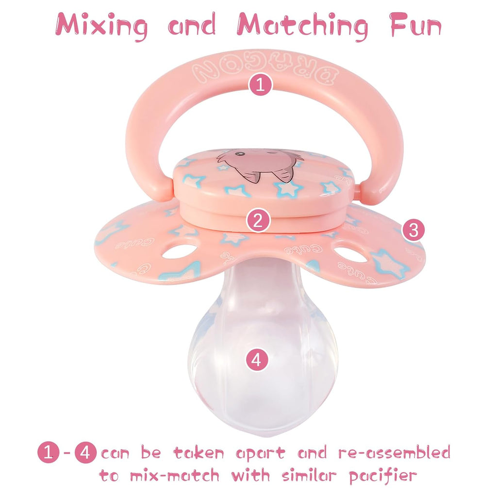Cute Silicone Adult Pacifiers Pink: Big Shield Binky for Anxiety - Large Size Butterfly Shaped Paci with Handle Dragon Printed