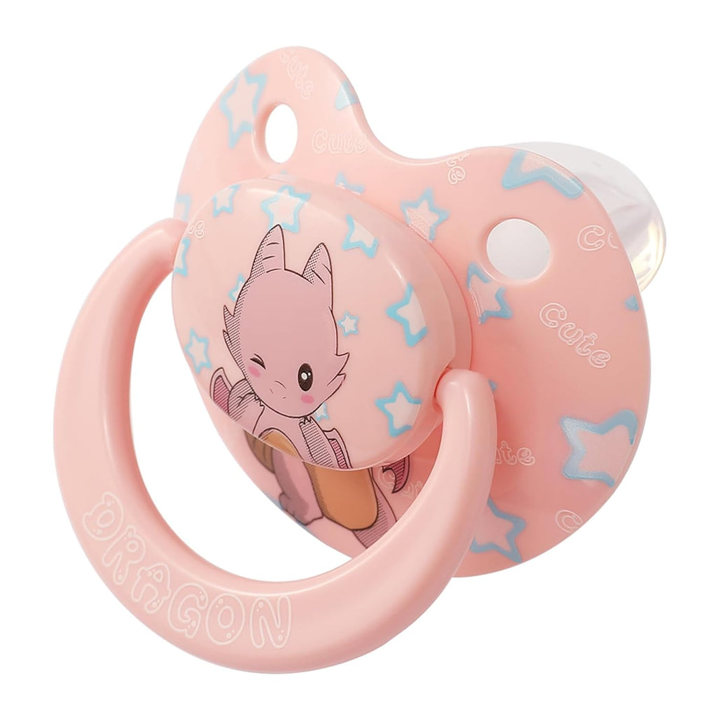 Cute Silicone Adult Pacifiers Pink: Big Shield Binky for Anxiety - Large Size Butterfly Shaped Paci with Handle Dragon Printed