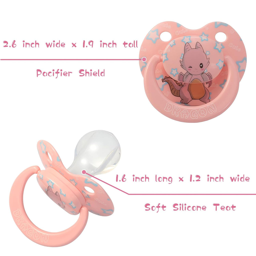 Cute Silicone Adult Pacifiers Pink: Big Shield Binky for Anxiety - Large Size Butterfly Shaped Paci with Handle Dragon Printed